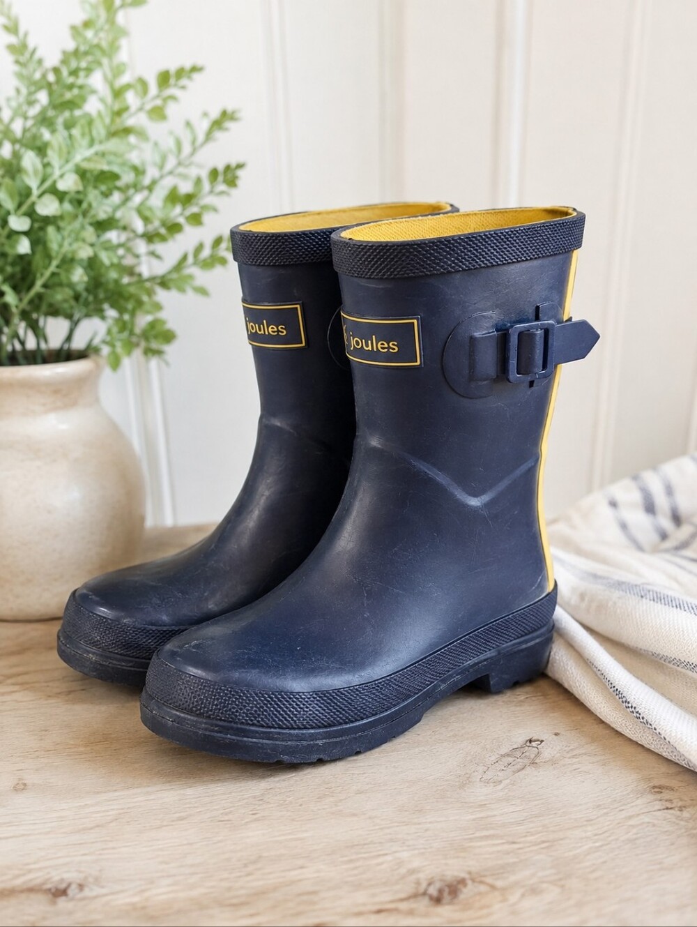 Joules Kids Rain Boots Black Yellow Stripe Rubber Wellies Size 12